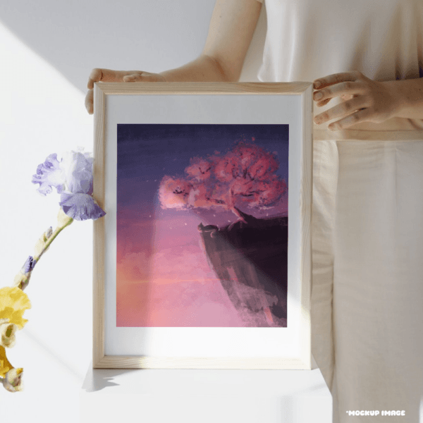 A mockup print of a drawing of a cherry blossom tree with a cut beneath it.