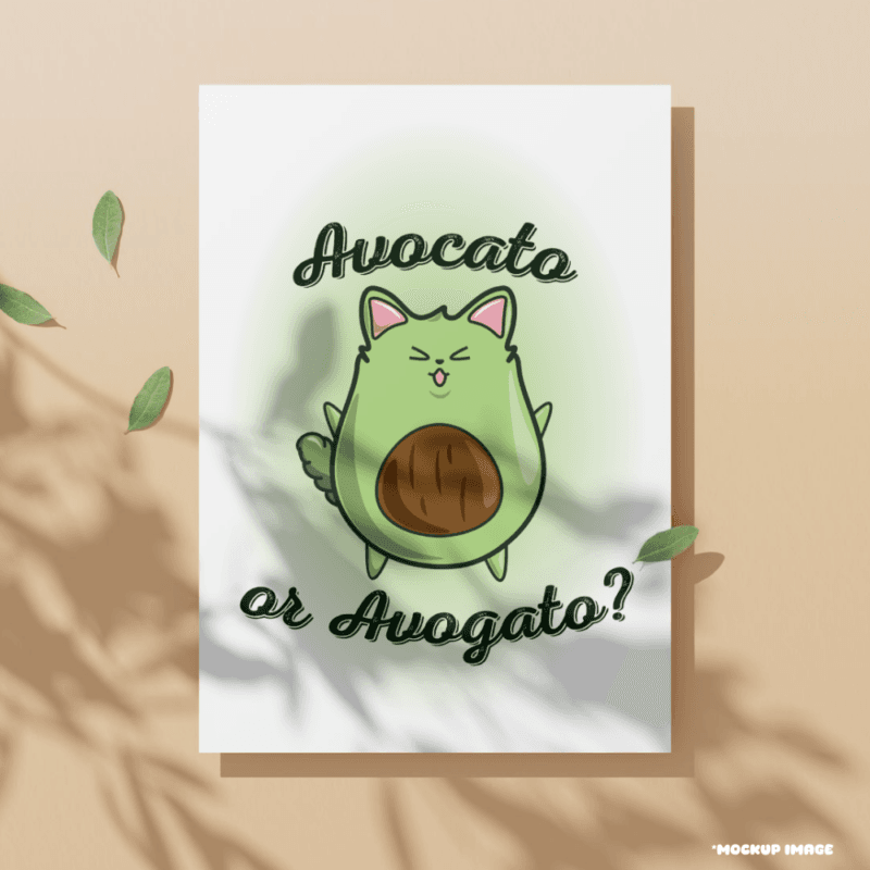 Mock up of an avocado shaped like a cat with the words avocato or avogato?