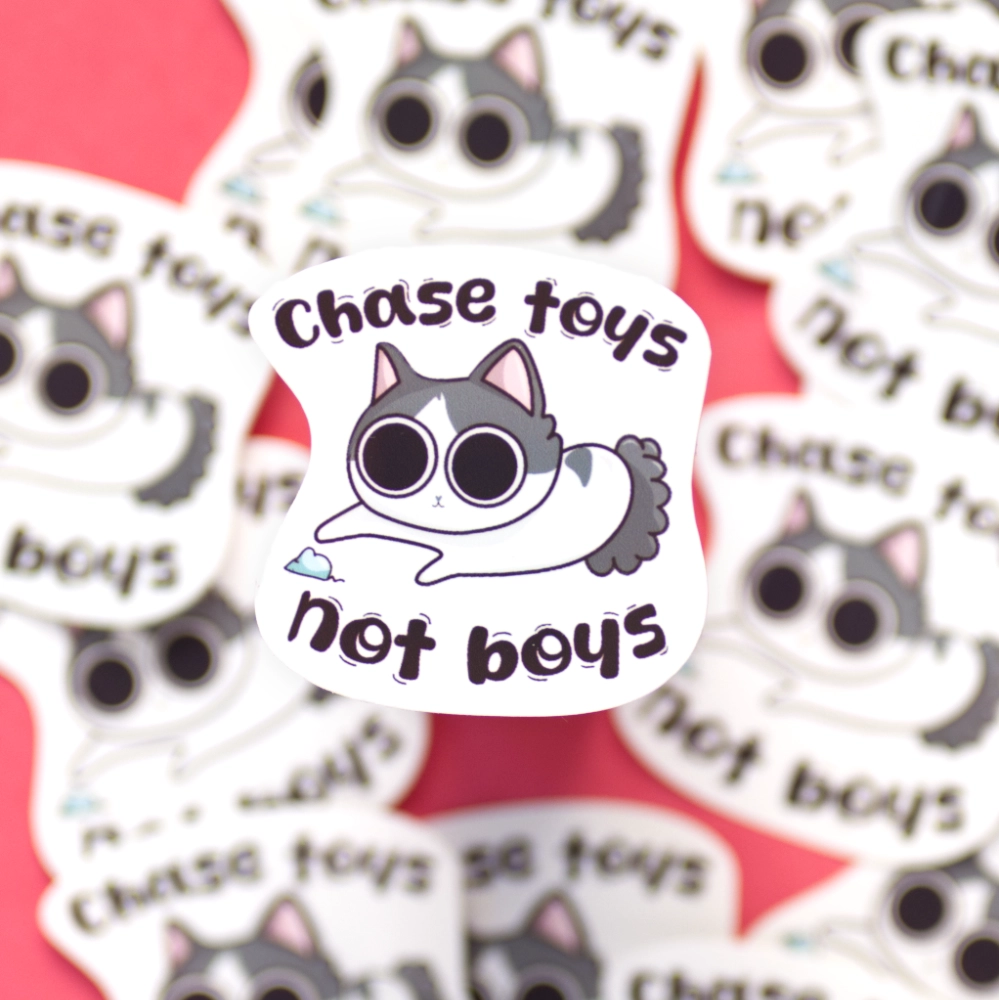 A sticker of a white and grey cat playing with a toy mouse with the text chase toys, not boys.