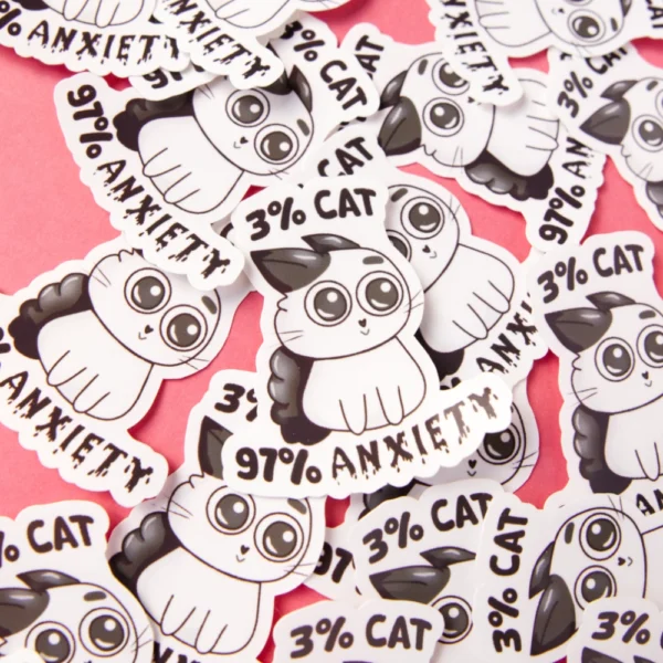 Several stickers of a cartoon cat with anxiety. 3% cat and 97% anxiety does it say.