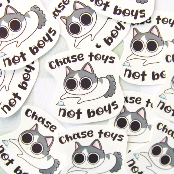 Several stickers of a cat playing with a mouse with the words chase toys, not boys above it.