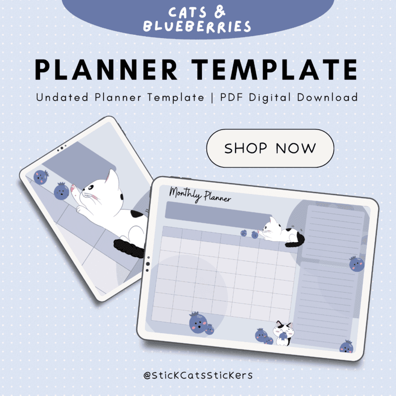 A mockuo and main product image of the undated planner template. Cats and blueberry theme.