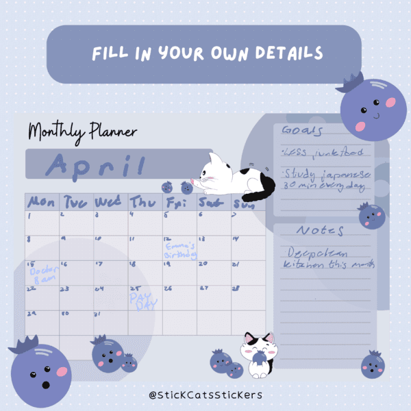 An example on how one can use an undated planner template with cats and blueberries.
