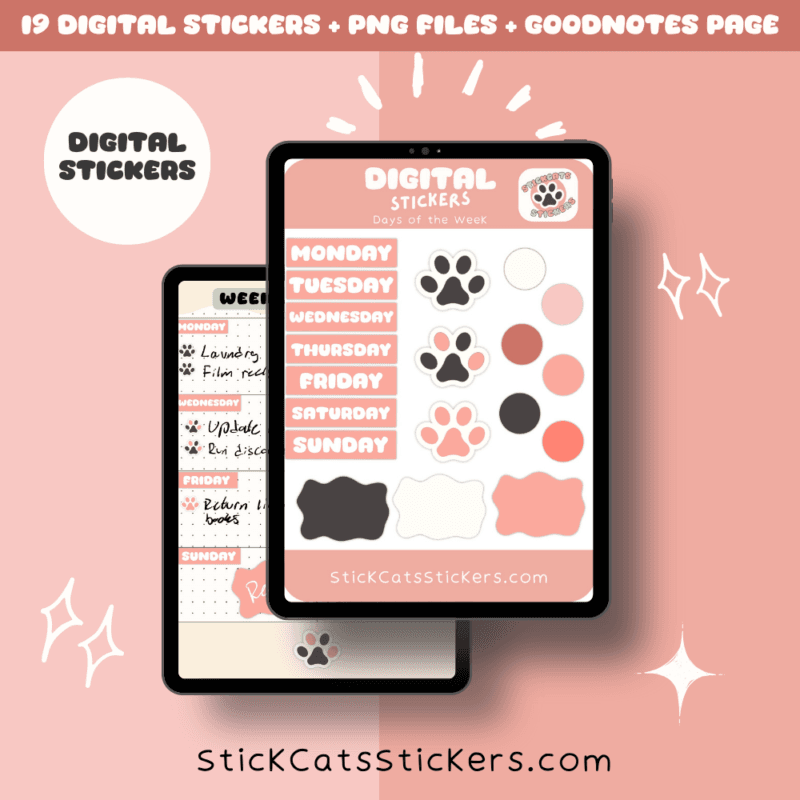 A main product photo and mock up out of salmon colored digital stickers.