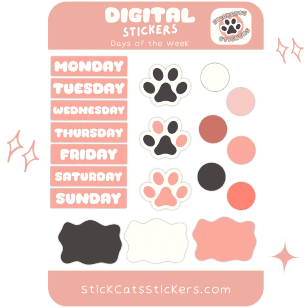 A simple picture of digital stickers, includes the weekdays, circles and cat paws.