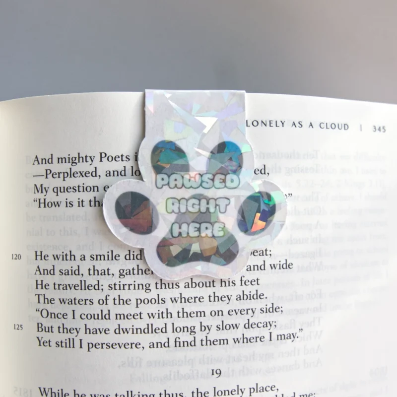 Paw-shaped magnetic bookmark with a colorful, geometric design and the text 'Pawsed Right Here' placed on an open book