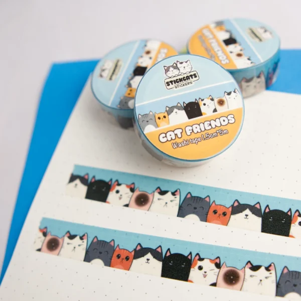 Some papers decorated with blue paper washi tape with several different cats.