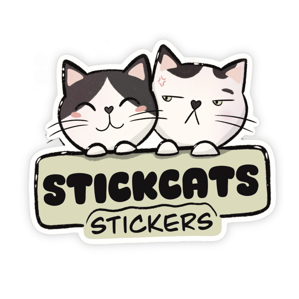 A logo of two cats, one is looking happy and the other grumpy. The text is stickcats stickers
