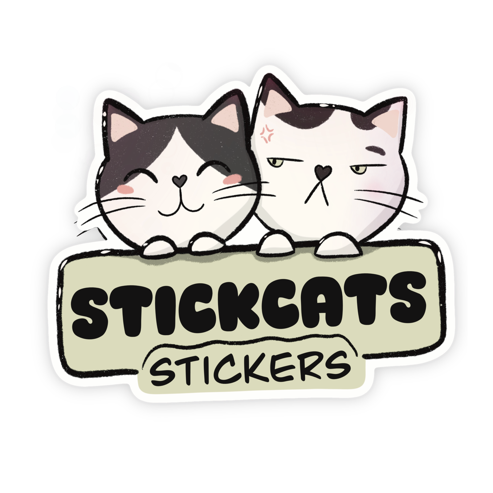 A logo of two cats, one is looking happy and the other grumpy. The text is stickcats stickers