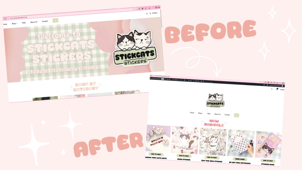 before after A screenshot of how the website StickCatsStickers.com looked like before and after.